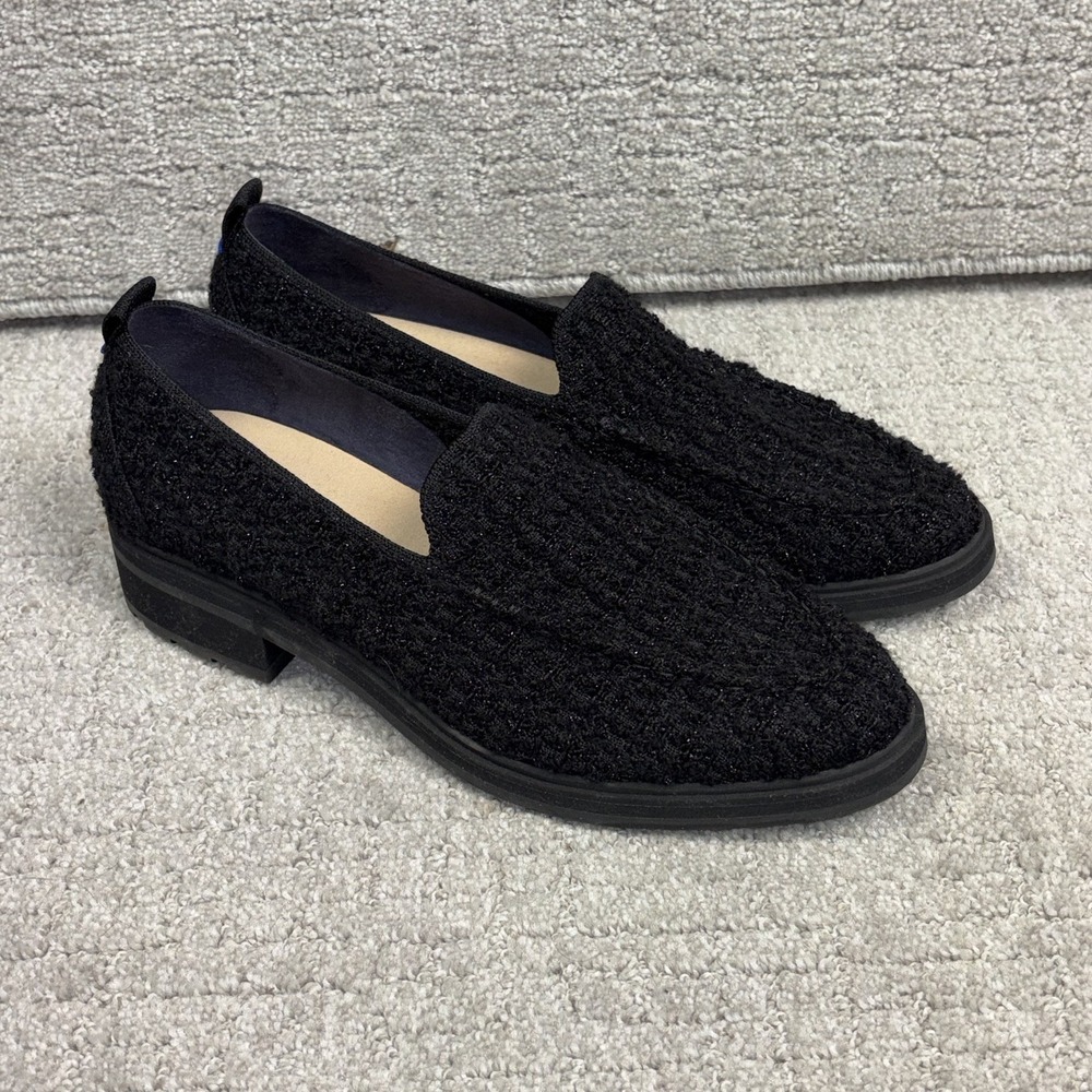 Rothy's The Lug Loafer Black Boucle Knit Slip On Chunky Heel Shoes Woman 10.5